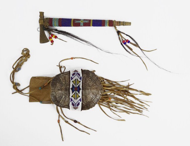 Native American Lot: Native American lot including 10" beaded axe and decorated turtle shell.