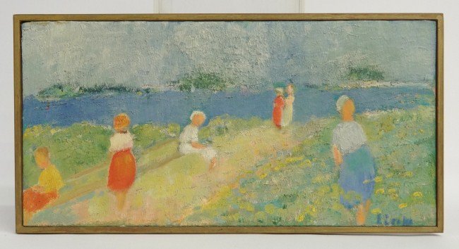 Painting Lisa Muller: Outsider art painting signed "Lisa M" (Lisa Muller), provenance verso. Sight 10" x 20". Ex: Guennol Collection.