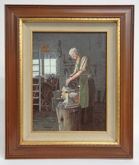 Painting Eugene Schmidt: Painting oil on canvas blacksmither signed "ES" (Eugene Schmidt Ca. 1919-2007). Sight 15 1/2" x 11 1/2".