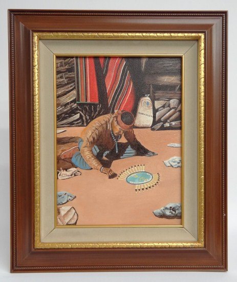Painting Eugene Schmidt: Painting oil on canvas Native American signed "ES" (Eugene Schmidt Ca. 1919-2007). Sight 15" x 11 1/2".