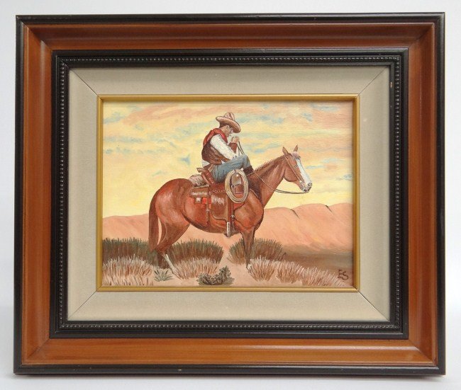 Painting Eugene Schmidt: Painting oil on canvas cowboy signed "ES" (Eugene Schmidt Ca. 1919-2007). Sight 8 1/2" x 11 1/2".