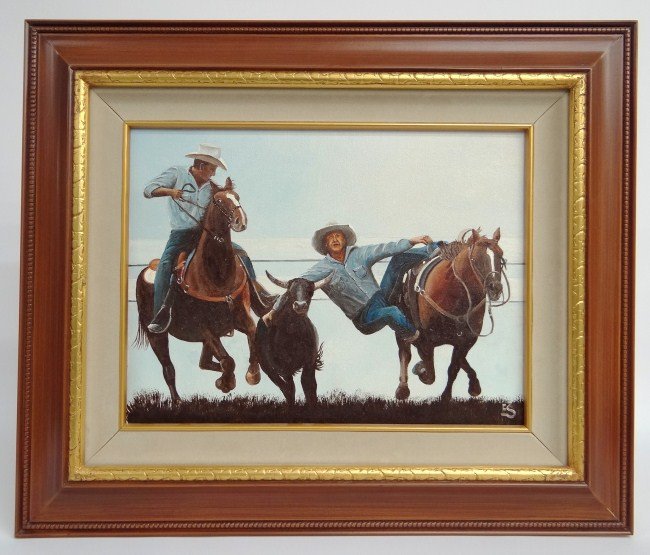 Painting Eugene Schmidt: Painting oil on canvas cowboys signed "ES" (Eugene Schmidt Ca. 1919-2007). Sight 11 1/2" x 15".