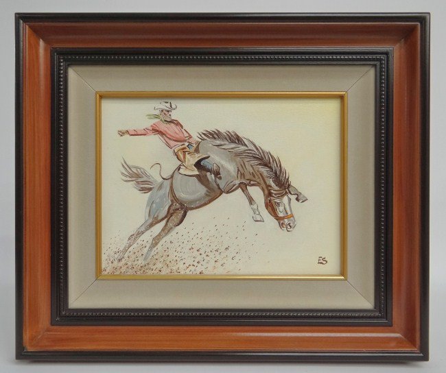 Painting Eugene Schmidt: Painting oil on canvas cowboy signed "ES" (Eugene Schmidt Ca. 1919-2007). Sight 8 1/2" x 11 1/2".