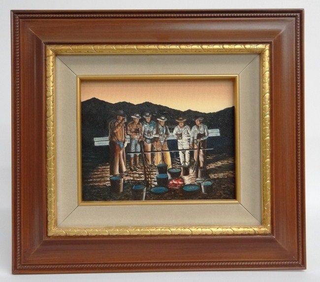 Paiting Eugene Schmidt: Painting oil on canvas cowboys signed "ES" (Eugene Schmidt Ca. 1919-2007). Sight 7 1/2" x 9 1/2".