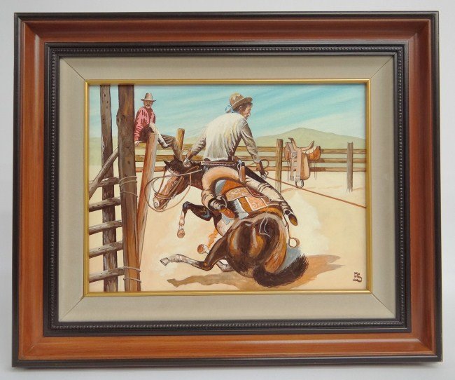 Painting Eugene Schmidt: Painting oil on canvas cowboys signed "ES" (Eugene Schmidt Ca. 1919-2007). Sight 12" x 15 1/2".