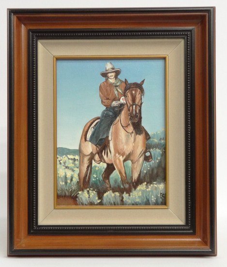 Painting Eugene Schmidt: Painting oil on canvas cowboy signed "ES" (Eugene Schmidt Ca. 1919-2007). Sight 11 1/2" x 8 1/2".