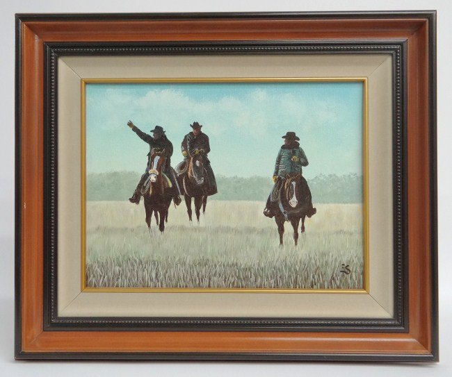 Painting Eugene Schmidt: Painting oil on canvas cowboys signed "ES" (Eugene Schmidt Ca. 1919-2007). Sight 11 1/2" x 15 1/2".