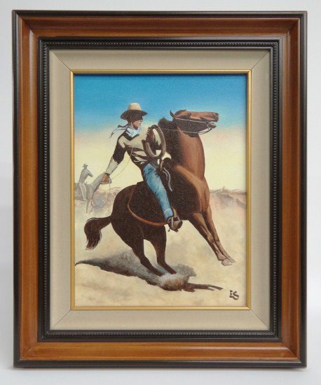 Painting Eugene Schmidt: Painting oil on canvas cowboys signed "ES" (Eugene Schmidt Ca. 1919-2007). Sight 15 1/2" x 11 1/2".