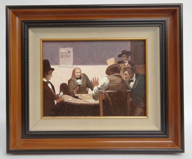 Painting Eugene Schmidt: Painting oil on canvas gamblers signed "ES" (Eugene Schmidt Ca. 1919-2007). Sight 8 1/2" x 11 1/2".