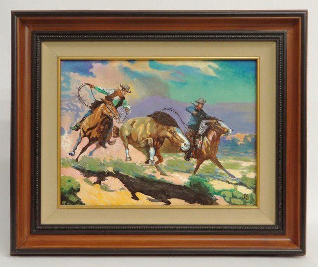 Painting Eugene Schmidt: Painting oil on canvas cowboys signed "ES" (Eugene Schmidt Ca. 1919-2007). Sight 11 1/2" x 15 1/2".