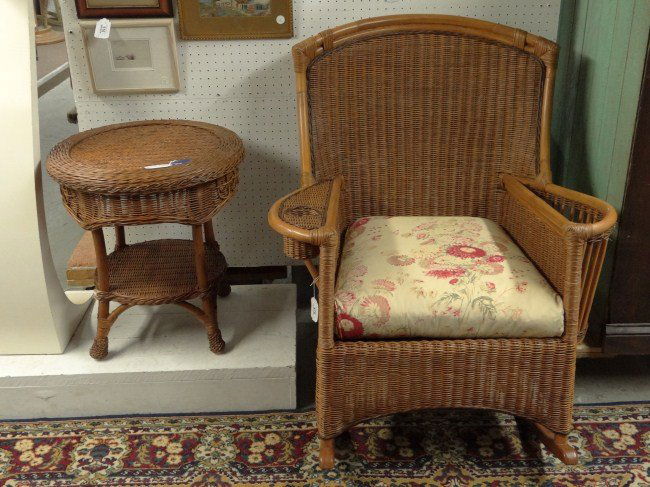 Wicker Chair And Table: Wicker rocking chair and side table.