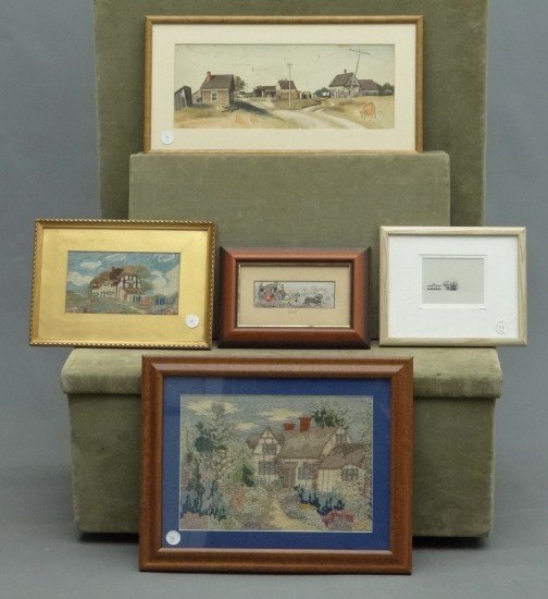 Misc. Artwork: Lot including framed needlework's, along with watercolor signed and dated "Gilbert 1935". Sight 6 1/2" x 17".