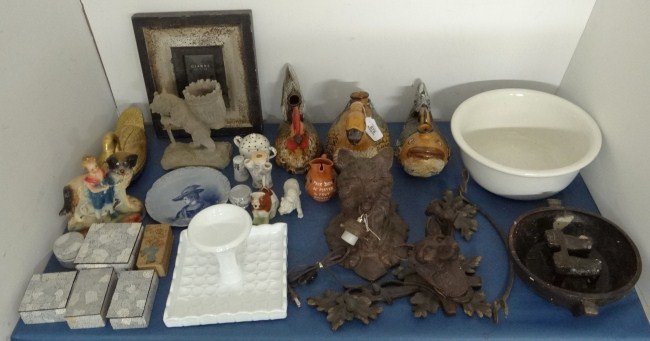 Misc. Lot: Misc. table lot including pottery, frames, ironstone bowl, chalkware figure etc.