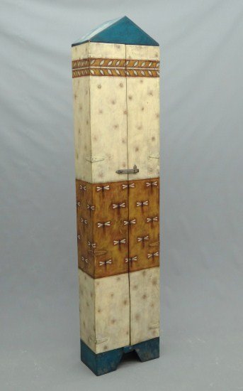 Damian Rojo Cupboard: Paint decorated Damian Rojo (Cuba) cupboard. 17" W 79" Ht.