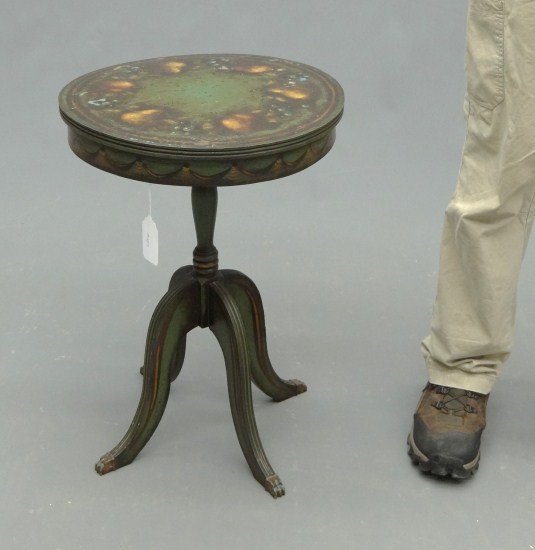 Peter Ompir Decorated Table: Peter Hunt Ompir paint decorated lamp table. Signed under top. 25" Ht.