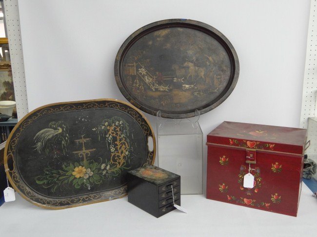 Toleware Lot: Lot four pieces toleware including two trays, box and four drawer box with painted top.