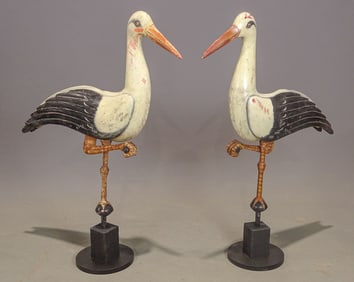 Pair Carved Wooden Storks