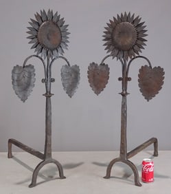 Pair Large Cast Iron Sunflower Andirons