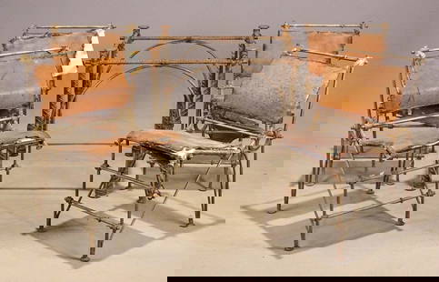 Ilana Goor Table and Chairs: Ilana Goor ribar set including (4) chairs (18" seat Ht., 31" overall Ht.), and table base (no glass, 28 1/2" x 28 1/2" x 30" Ht..