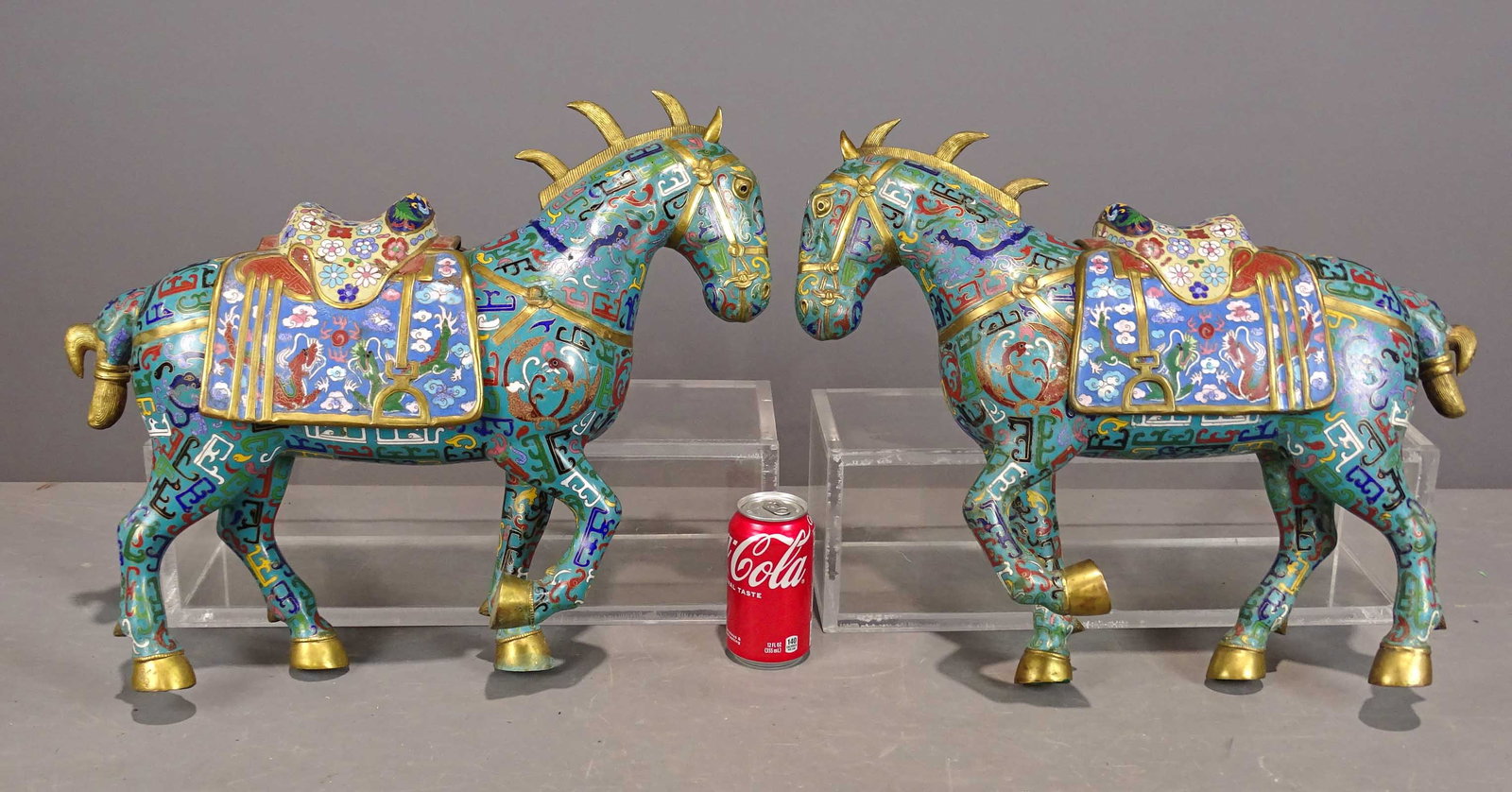 Pair Asian Cloissone Horses: Pair of Asian Cloissone horses with saddles. 20" x 6" x 18".