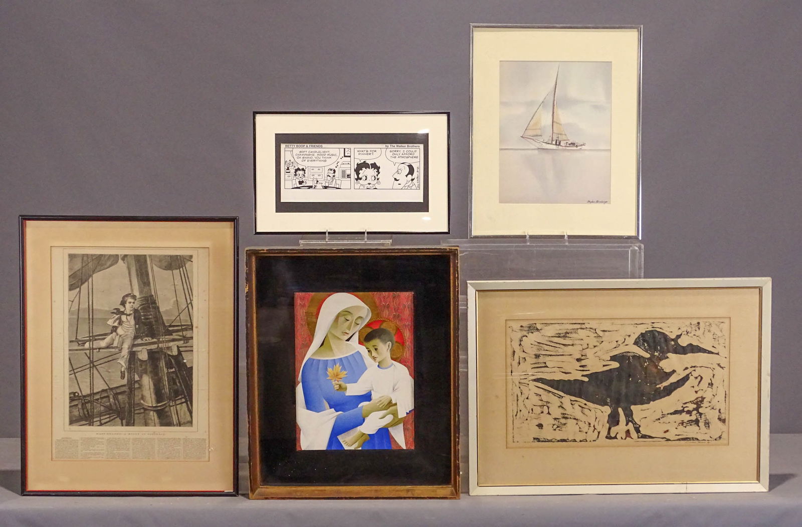 Artwork Lot: Lot of misc. artwork including: Betty Boop Cartoon (overall 12" x 18 1/2"), sailing print (overall 27" x 21"), sailing print (overall 20 1/2" x 16 1/2"), lithograph by Judith Brown (overall 21" x 28 1