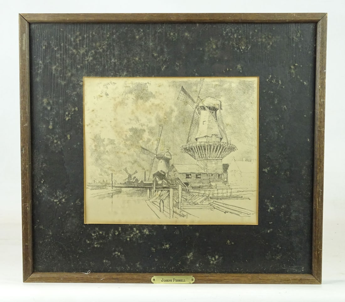 Joseph Pennell (1857-1926): Joseph Pennell (1857-1926), windmills, pencil drawing, Signed. Sight 9 1/2" x 11", overall 17" x 19".