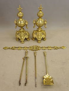 Pair Fancy Brass Andirons: Pair of fancy brass andirons. 12" x 9" x 29" Ht..
