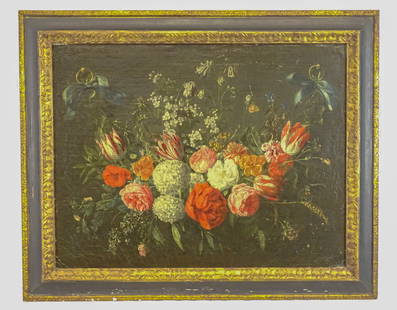 Painting: Dutch School, Still Life: Painting: Dutch School, still life with flowers. Oil on canvas. University of California label verso. 25 1/4" x 32 1/2", overall 32" x 39 1/2".