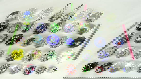 Paperweight Lot: Lot over 30 glass paperweights. Some signed. Names include: S. Meyers, B. Sillars etc. Along with (3) perfumes, (2) glass canes.