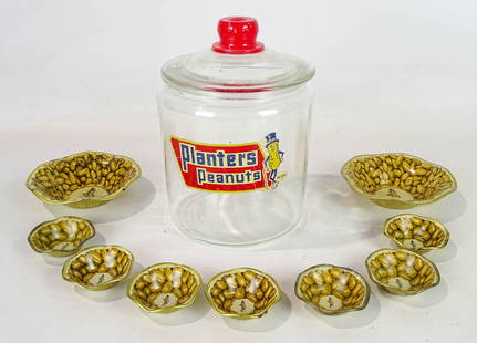 Planters Peanut Lot: Lot including vintage Planters Peanut jar and tin peanut bowls.