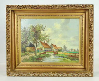 Painting: Dutch School, Landscape: Painting: Dutch School, landscape with figures and windmills. Signed LRC indistinctly. Oil on panel. 12" x 16", overall 18" x 22".