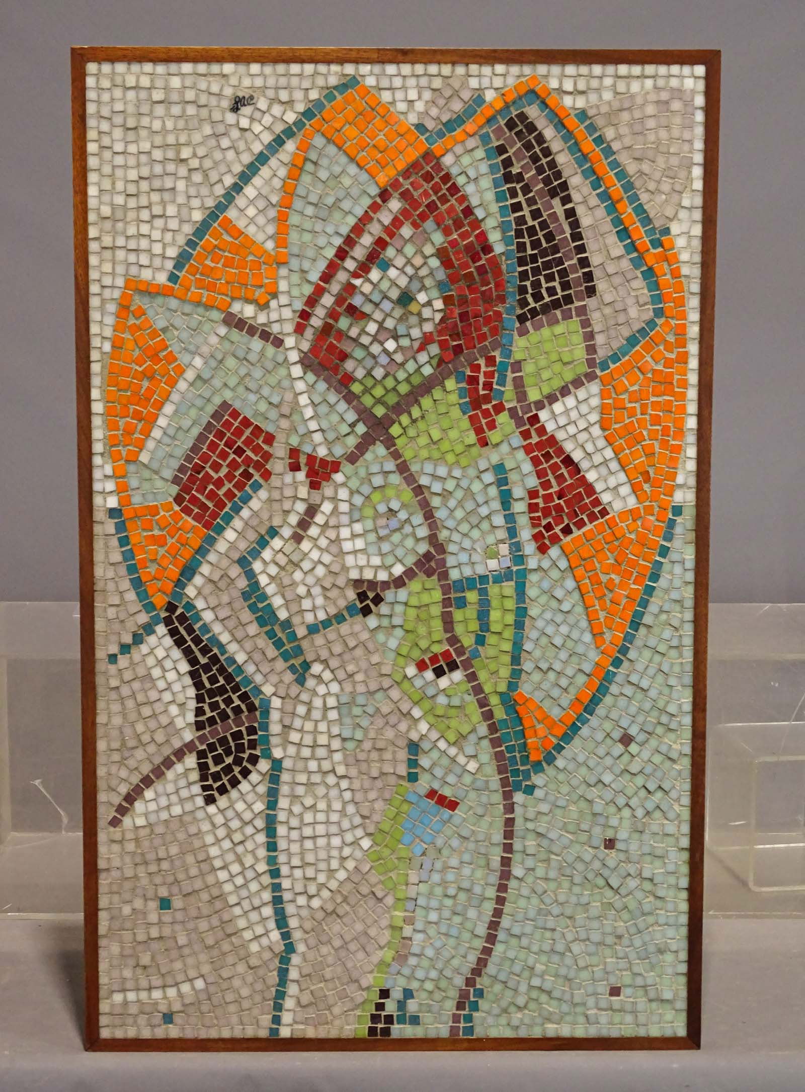 Mid Century Mosaic: Mid Century Mosaic. Abstract nude woman. Signed "LAC", label reverse Laurence A. Caporal Jr.. 35 3/4" x 22 1/4".