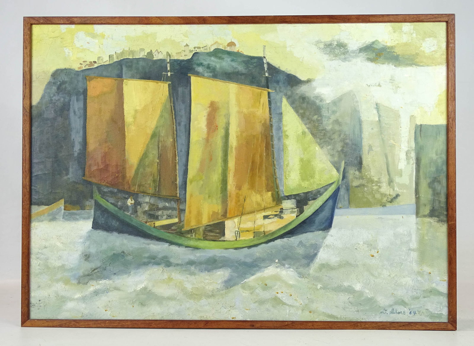 Painting: Modernist Ship Subject: Painting: Modernist Ship subject signed "D. Shore '64" (?). 27 3/4" x 19 3/4".