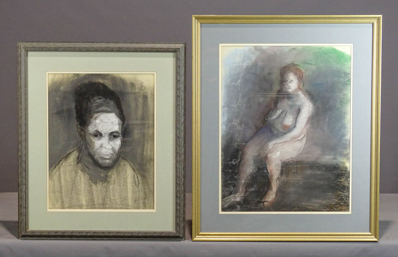 Pastels: Lot (2) pastels, portrait of a lady (frame overall 26" x 22"), Nude (frame overall 30" x 25").