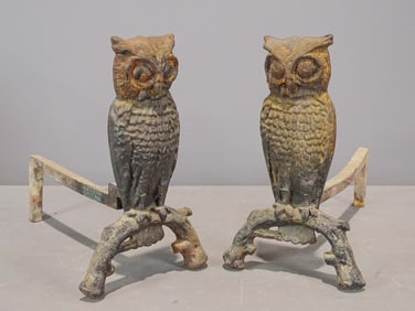 Pair Cast Iron Owl Andirons
