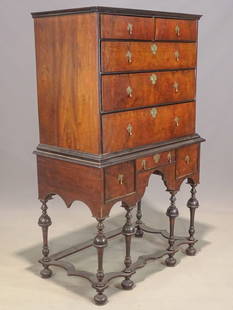 18th c. William and Mary Highboy: 18th c. William and Mary highboy. Base with trumpet legs and stretcher base. 39" x 22" x 63 1/2" Ht.. Provenance: Buckley and Buckley Collection. Ct..