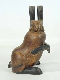 Folk Art Wooden Rabbit: Folk art wooden rabbit carving. Slide lid section underside. 5" x 4" x 9 1/2".