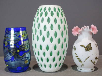 Glassware Lot: Lot including case glass vase (13 1/2" Ht.), art glass vase (9" Ht.), ruffled vase (9 1/2" Ht.).
