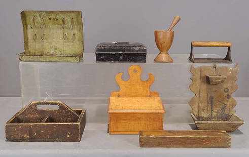 Primitives Lot: Lot of primitives including "Cow" decorated wall box (12" Ht.), tole decorated spice box, contemporary tiger maple wall mount salt box (11 1/2" Ht.), slide lid candlebox (14 1/4"), tin handled hook ra