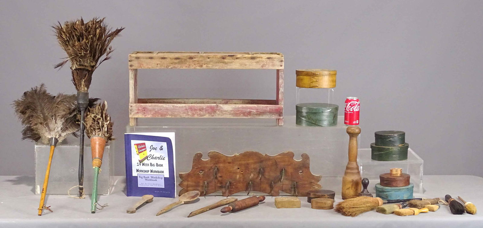 Primitives Lot: Primitives lot including: work bench (26" x 8" x 12"), hook rack with fish cut out ends (24 3/4" W.), (6) oval pantry boxes, early green and blue, natural paint, (2) contemporary pantry boxes, one wit