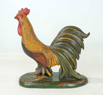 Folk Art Carved Rooster: Folk art wooden polychrome painted Rooster carving. 11" x 4" x 11 1/4".