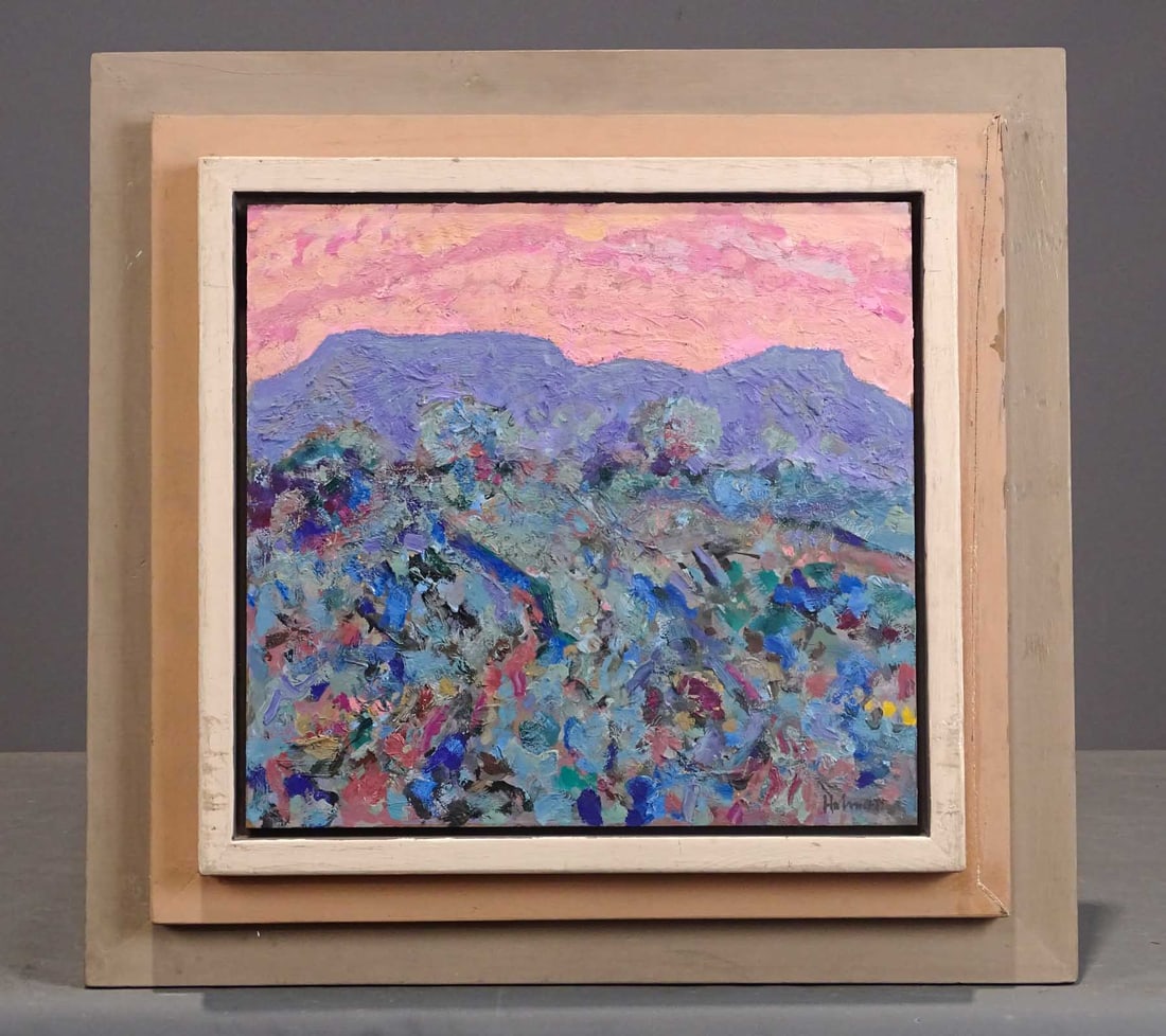 Charles Holman (20th Century): Painting: Charles Holman (20th Century), New Mexican landscape near Santa Fe. Oil on panel. Overall in frame 20 1/2" x 21".