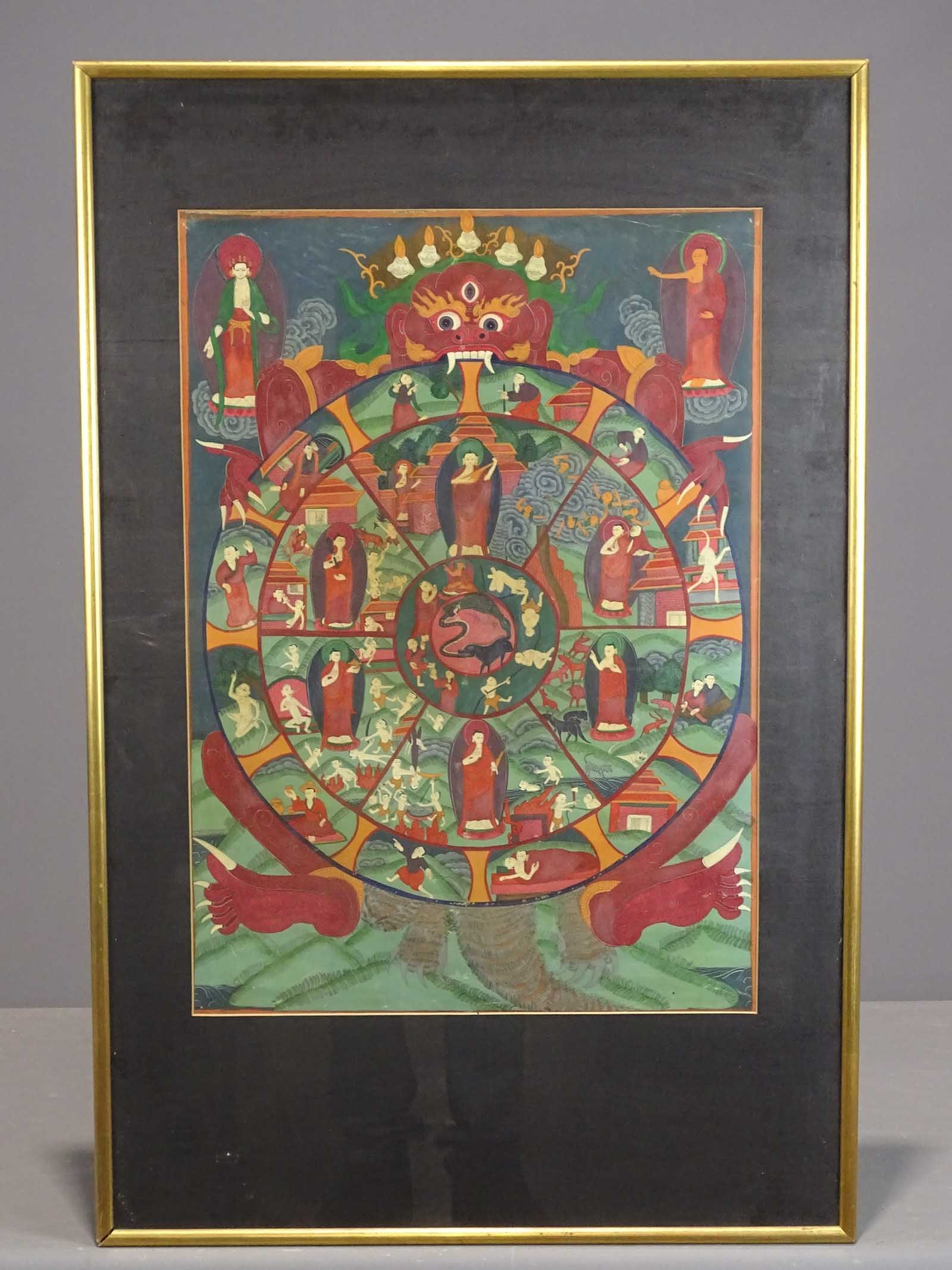 Wheel of Life Thangka: Thangka Buddhist Painting. Wheel of Life. Tibet, Nepal, Asia. Cycle of existence, Karma. Asian art. Sight 25" x 17 1/2", overall 36 1 1/2" x 24".