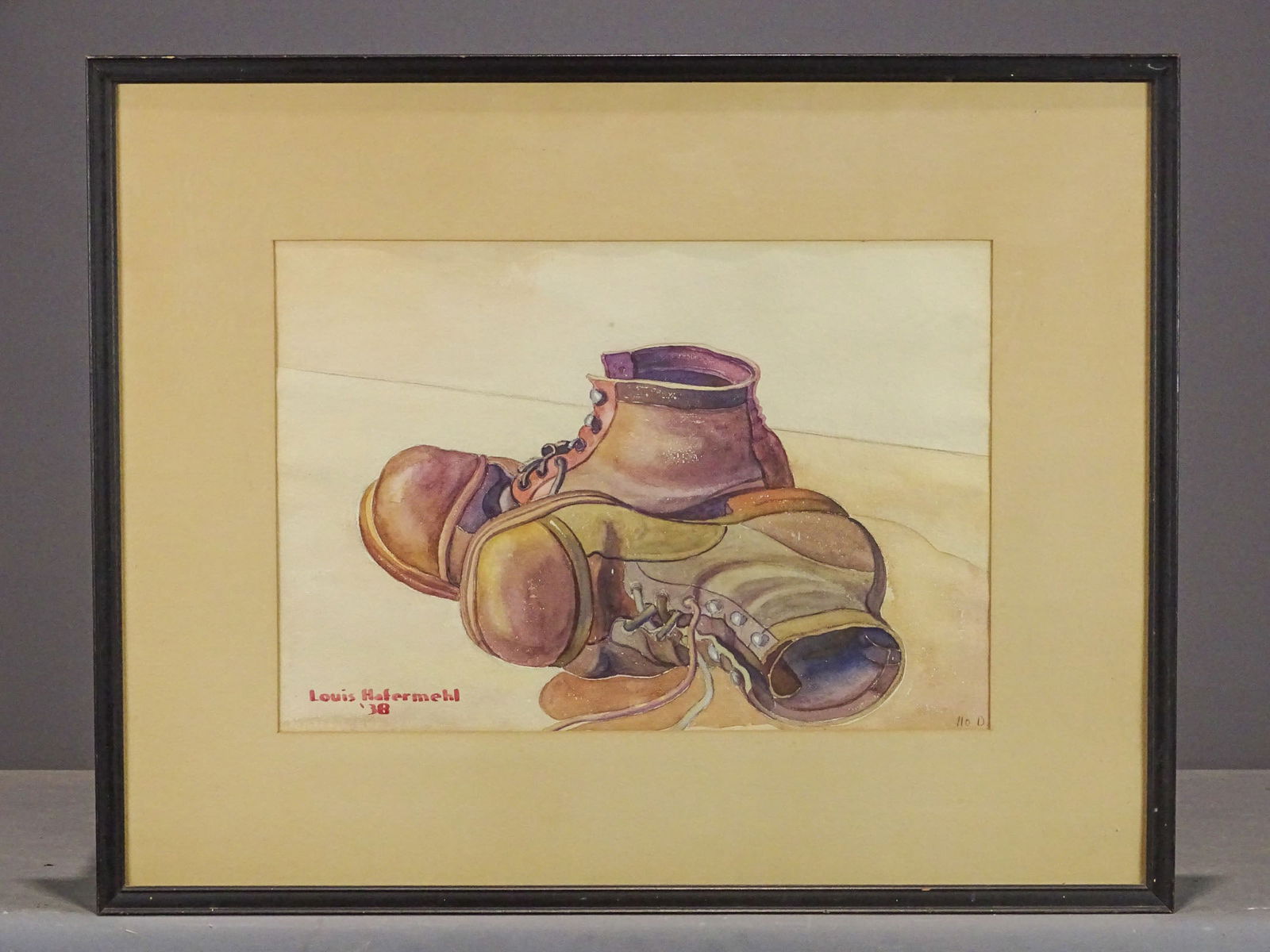 Still Life of Boots: C. Louis Hafermehl (1916-1989). Still life watercolor study of boots. Signed lower left and dated 1938. Kansas artist. Sight 14" x 19 1/2", overall 23" x 29 1/2".