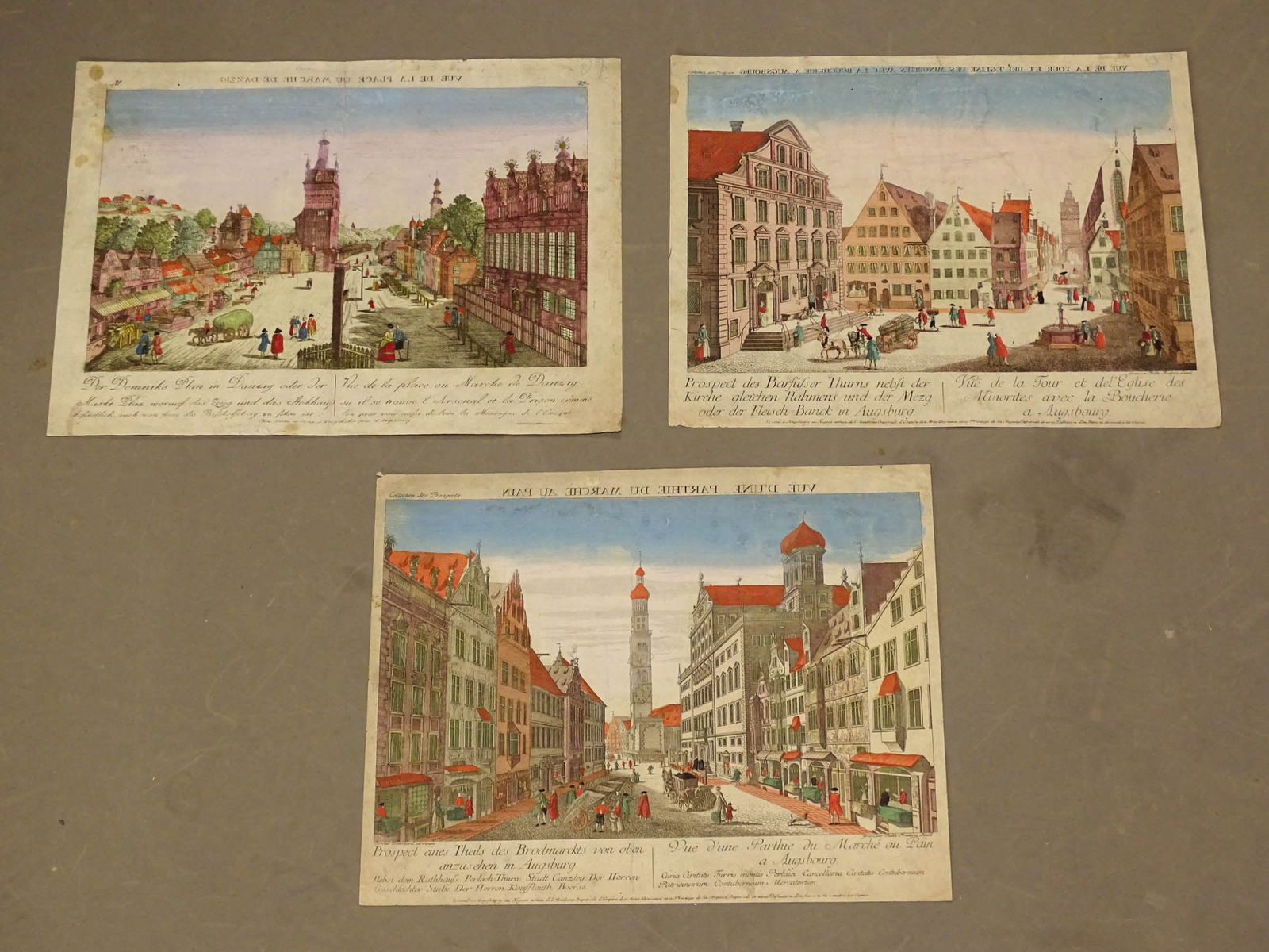 Germany, Antique Views Print Set (3): Set of 3 Vue d'optique hand-colored 18th century prints of German cities. Danzig, Augsburg, Largest 12 1/2" x 16 1/2".