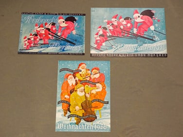 Santa Claus Skiing Watercolor 1930s
