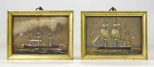 Pair 19th c. Original Ship Watercolors