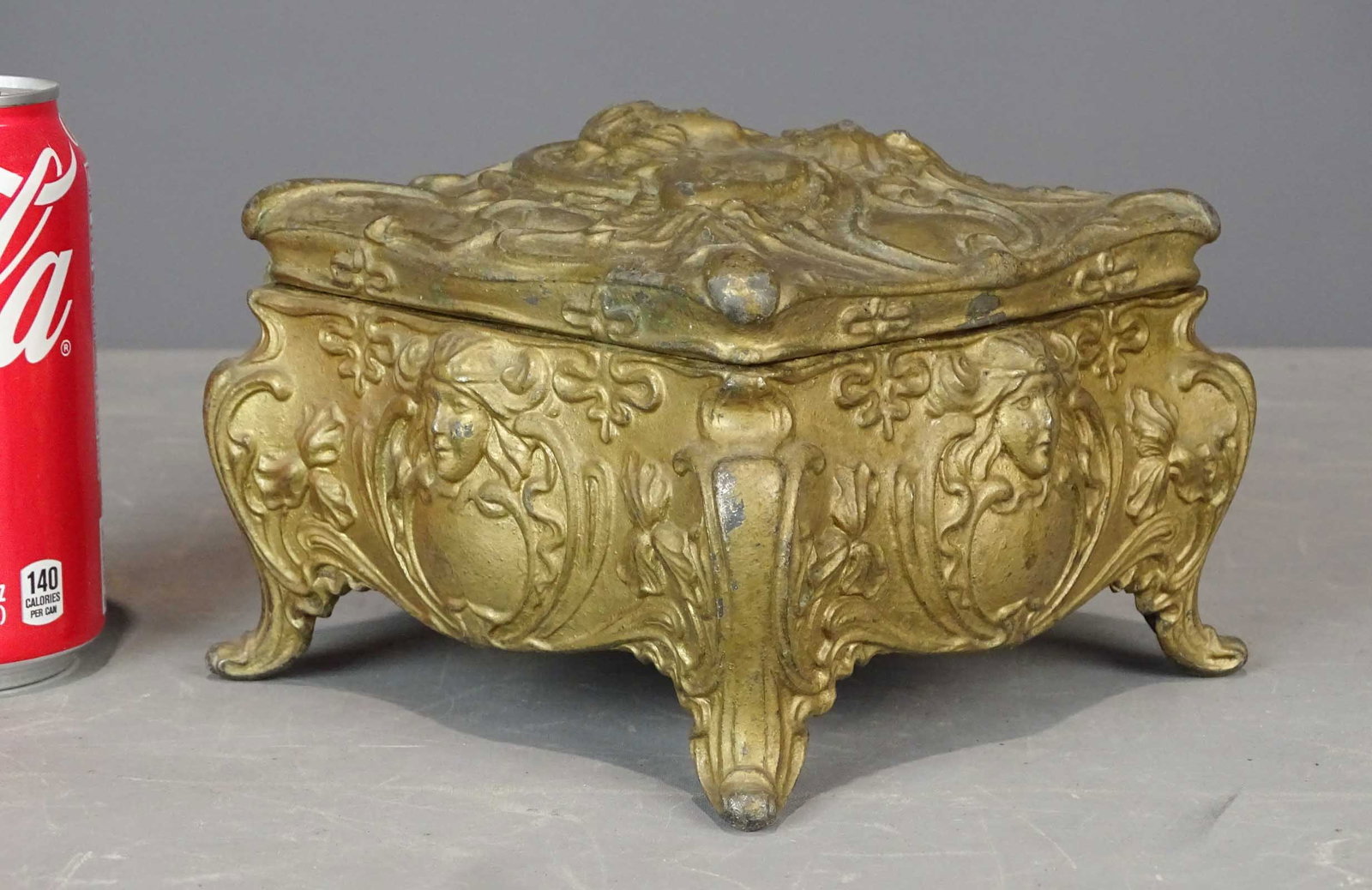 Vintage Metal Jewelry Box: Vintage metal jewelry box. 4 1/2" Ht., 6 1/4" square.
