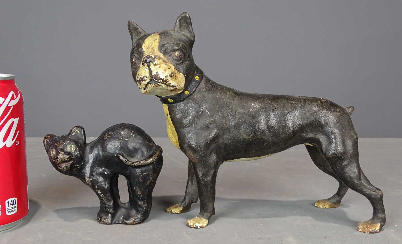 Misc. Lot: Lot including Halloween Cat cast iron doorstop, 3 1/4" Ht.; Standing Boston terrier, 7" Ht., Dutka Liebl Co. Foundry, Boston Mass., full figure.