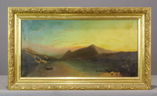 Painting: 19th c. Hudson River School Landscape: Painting: 19th c. Hudson River School river landscape. Oil on canvas. 16" x 32", overall 22" x 38".